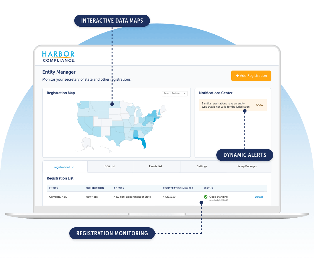 Image of a laptop screen displaying the Harbor Compliance Entity Manager, featuring interactive data maps, registration monitoring, and dynamic alerts.